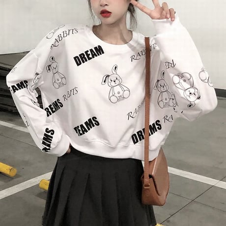 トレーナー うさぎ ラビット ショート丈 ルーズ 長袖 トップス クロップド丈 韓国ファッション レディース ガーリー カジュアル ストリートファッション DTC-652576796234
