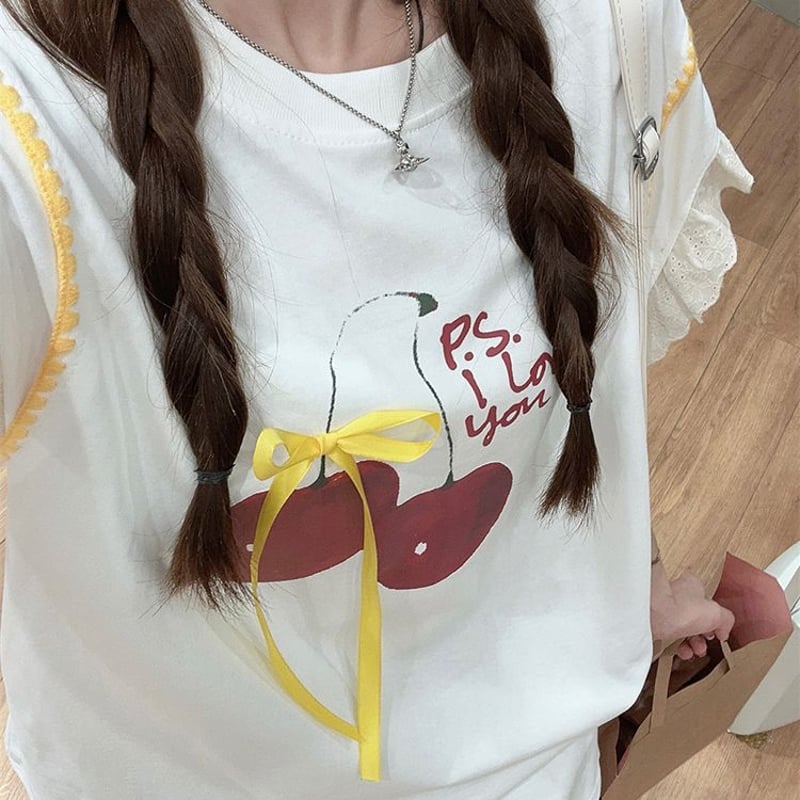 Tシャツ リボン さくらんぼプリント フライングスリーブ レース