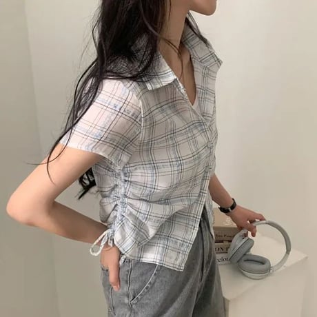 チェック柄シャツ サイドシャーリング トップス ショート丈 ドローストリング ドロスト チェックシャツ 半袖 レトロ 大人可愛い ガーリー カジュアル トレンド DTCA-925867914003
