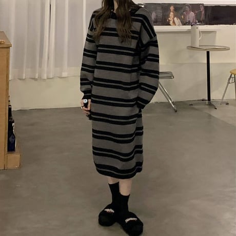 ボーダー柄 ニットワンピース クルーネック ロング丈 ニット ランダムボーダー 長袖 ゆったり 韓国ファッション レディース カジュアル 大人可愛い ガーリー DTC-662845743364