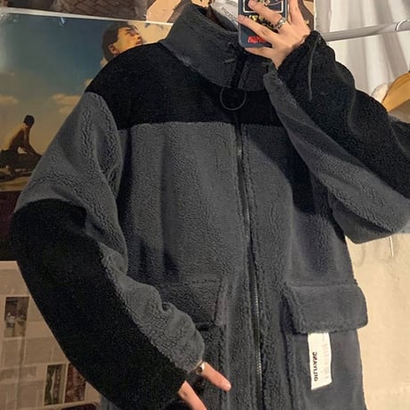 ユニセックス バイカラー ボアブルゾン ボアジャケット ボア アウター オーバーサイズ ゆったり 韓国ファッション メンズ レディース ストリートファッション DTC-607497903384