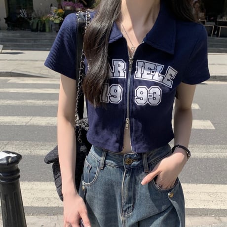 ダブルジップ ワッフル トップス 襟付き Tシャツ クロップド丈 ショート丈 レタープリント 半袖 シンプル ルーズ レトロ 大人可愛い ガーリー カジュアル DTCA-711769972021