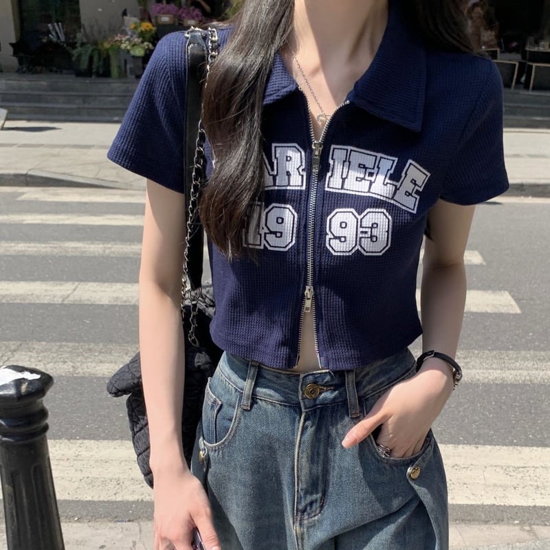 ダブルジップ ワッフル トップス 襟付き Tシャツ クロップド丈