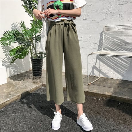 レディース ワイドパンツ ガウチョパンツ ハイウエスト ウエストリボン パンツ ボトムス 韓国ファッション オルチャン (DCT-576943177093)