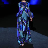 マキシワンピース ランタンスリーブ ジオメトリックプリント ハイウエスト 長袖 レトロ 大人可愛い ガーリー DCTA-667979569356
