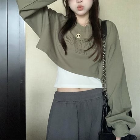2点セット クロップド丈 スウェット タンクトップ ショート丈 トレーナー インナー付き トップス ルーズ 長袖 レトロ 大人可愛い ガーリー カジュアル DTCA-700268451393