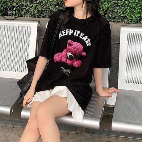 ユニセックス Tシャツ 半袖 クマのぬいぐるみプリント オーバーサイズ カジュアル ストリート系ファッション 韓国ファッション メンズ レディース DTC-721620910237