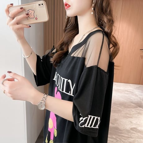 シアー Tシャツ 切り替え シースルー Vネック オーバーサイズ ゆったり 半袖 レトロ 韓国ファッション レディース 大人可愛い ガーリー カジュアル DTC-649581818312