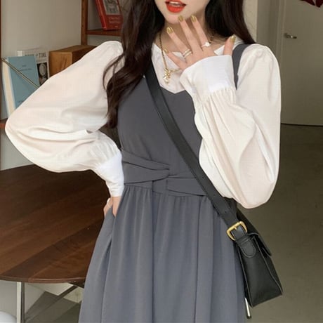 2点セット ブラウス Tシャツ ジャンパースカート ジャンスカ ハイウエスト 長袖 ルーズ セットアップ レトロ 韓国ファッション レディース 大人可愛い ガーリー DTC-662337447667