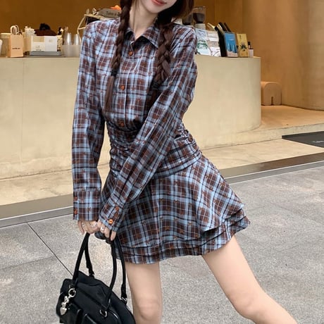 襟付き リボンチェック柄 シャツワンピース ウエストマーク ミニワンピース ハイウエスト 長袖 レトロ 韓国ファッション レディース 大人可愛い ガーリー DTC-833062826352