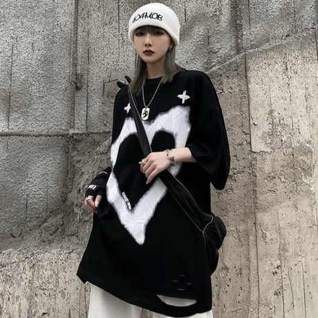 ユニセックス ダメージ加工 Tシャツ ハート クロス 半袖 オーバーサイズ 韓国ストリート系 韓国ファッション メンズ レディース カジュアル ストリートファッション DTC-643334954197