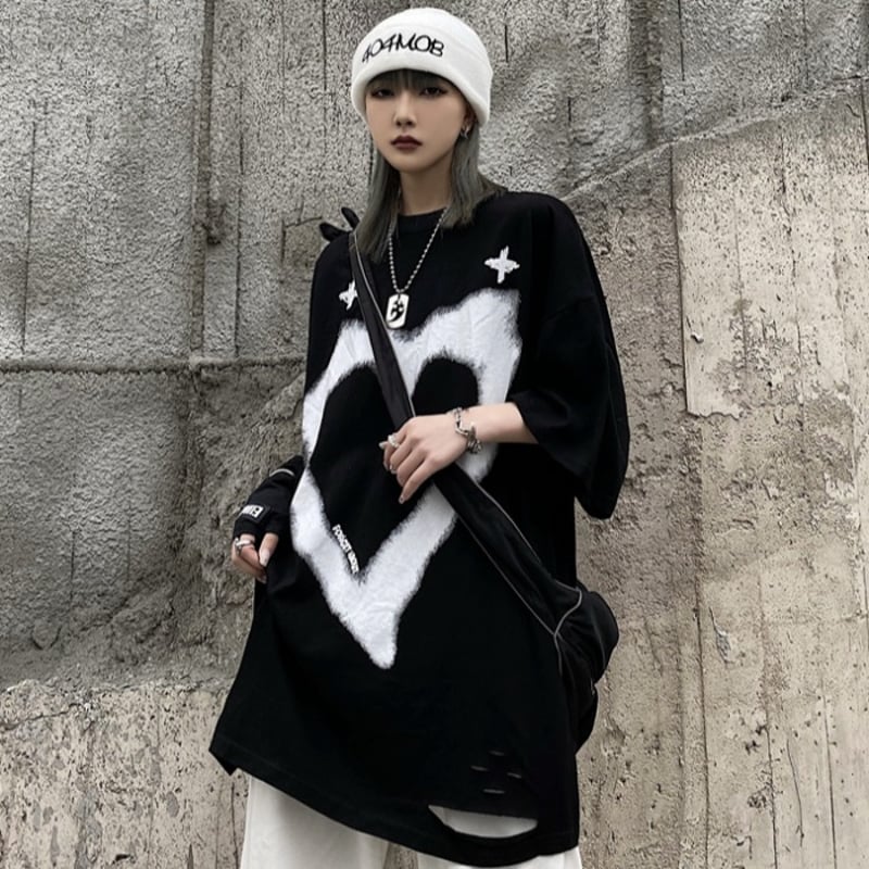 ユニセックス ダメージ加工 Tシャツ ハート クロス 半袖 オーバー