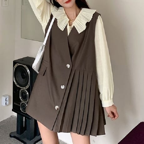 セットアップ ブラウス ＋ ベストワンピース プリーツ フロントボタン 韓国ファッション レディース 2点セット 大人可愛い ガーリー フェミニン レトロ DTC-641172143458