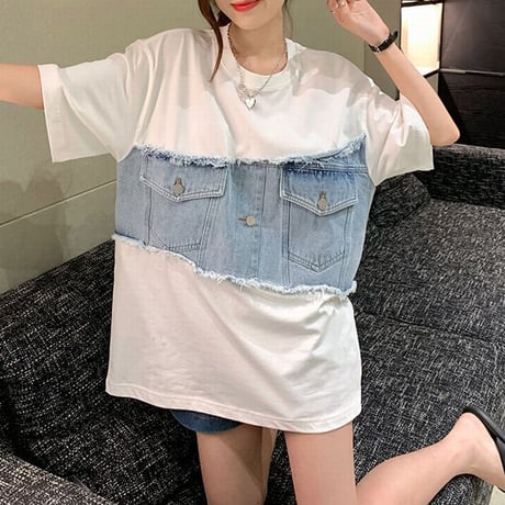 Tシャツ 半袖 デニムミックス 異素材 オーバーサイズ ルーズ 韓国ファッション レディース 大人可愛い ガーリー カジュアル 韓国ストリートファッション DTC-675175759418