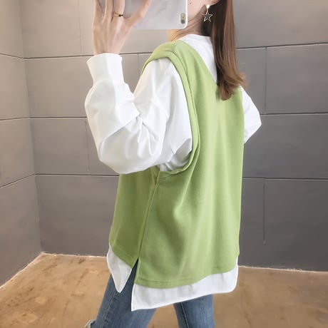 フェイクレイヤード トップス ベスト ドッキング ラウンドネック ルーズ 韓国ファッション レディース ゆったり 体型カバー 大人可愛い ガーリー DTC-624754370918