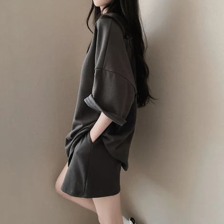 セットアップ 2点セット tシャツ ショートパンツ オーバーサイズ クルーネック 無地 ルームウェア レトロ 大人可愛い ガーリー カジュアル DTCA-839400393323