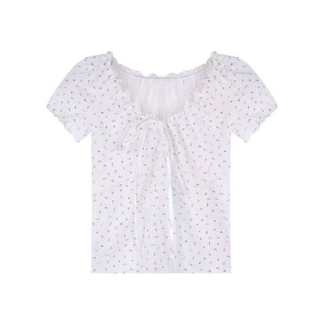 小花柄 ブラウス フリル リボン Tシャツ トップス ショート丈 スリムフィット レースアップ 半袖 レトロ 大人可愛い ガーリー カジュアル フェミニン DTCA-805742781968