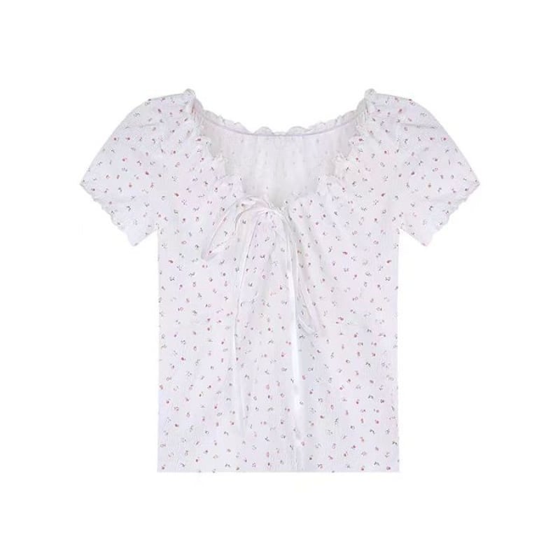 小花柄 ブラウス フリル リボン Tシャツ トップス ショート丈
