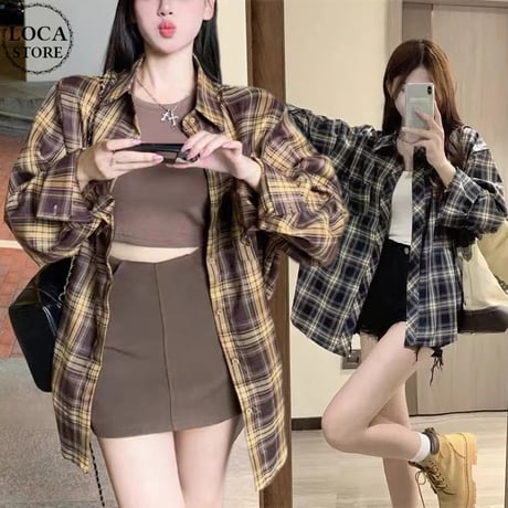 チェックシャツ トップス オーバーサイズ チェック柄 シャツ ルーズ ゆったり 長袖 レトロ 大人可愛い ガーリー カジュアル ストリート女子 DTCA-712741662053