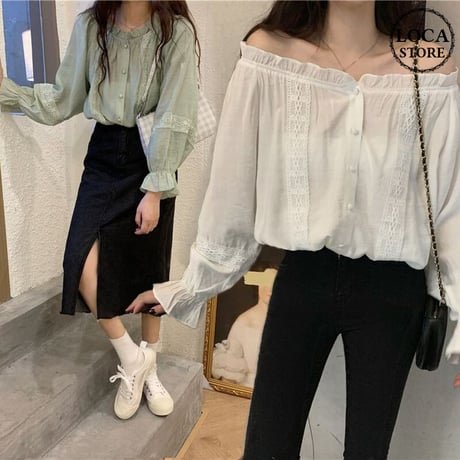 2way ブラウス シャーリングネック 長袖 韓国ファッション レディース 大人可愛い ガーリー レトロ DTC-627969886702