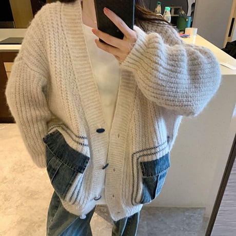 カーディガン ニット デニムミックス 異素材 オーバーサイズ 長袖 ルーズ ゆったり レトロ 韓国ファッション レディース 大人可愛い ガーリー カジュアル DTC-738962872965