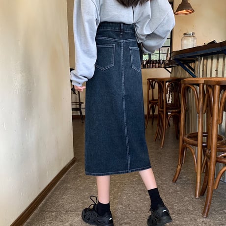 デニムスカート スリット ロングスカート 韓国ファッション レディース ハイウエスト Aライン 大人カジュアル かわいい ガーリー 626231864384