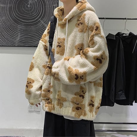 ユニセックス プルオーバー ボアフリースパーカー メンズ レディース 英字 クマちゃん ベアー プリント オーバーサイズ ルーズ ストリート系 ファッション TBN-629554274748