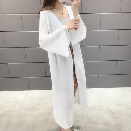 レディース フレア袖カーディガン ロング丈 七分袖 薄手 マキシ丈 シフォン UVカット ドルマンスリーブ 韓国ファッション (DCT-589248344715)
