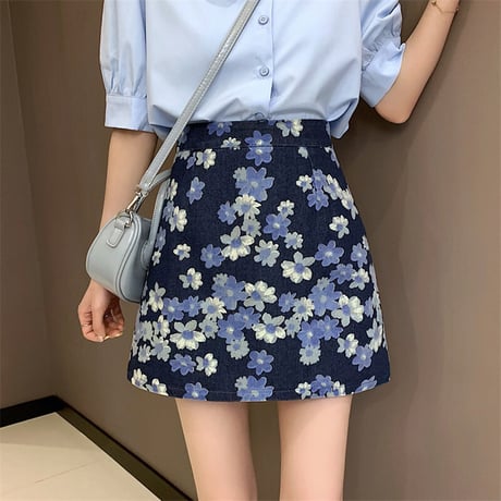 花柄 デニムスカート ミニスカート デニム 総柄 ハイウエスト レトロ 韓国ファッション レディース 大人可愛い ガーリー フェミニン カジュアル DTC-643028662409