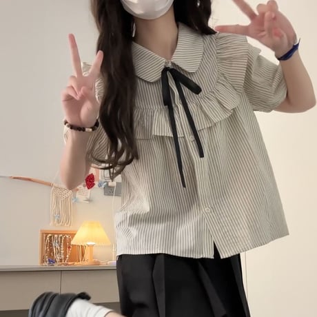 ストライプ柄 ブラウス ヨークフリル シャツ リボン パフスリーブ トップス かわいい 半袖 ルーズ レトロ 大人可愛い ガーリー フェミニン DTCA-898551864662