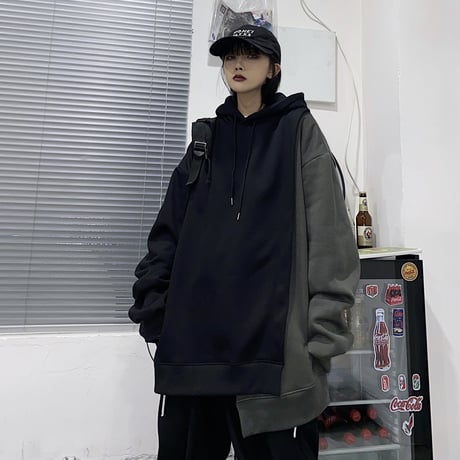 ユニセックス パーカー アシンメトリー 重ねデザイン プラスベルベット ルーズ 韓国ファッション メンズ レディース 男女兼用 アシメ カジュアル ストリート系 DTC-634512223674
