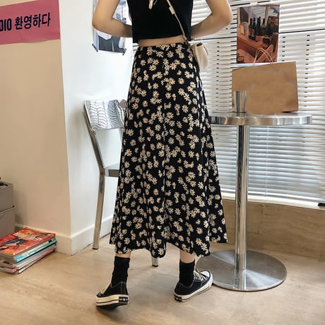 花柄 スカート ロング丈 韓国ファッション レディース ロングスカート シフォン Aライン ハイウエスト レトロ ガーリー 615676995148