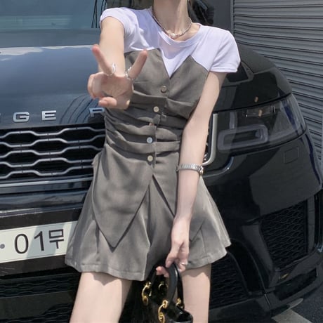 セットアップ フェイクレイヤードトップス ショートパンツ 半袖 ウエストゴム 2点セット レトロ 韓国ファッション レディース 大人可愛い ガーリー DTC-678960859657