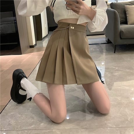 ミニスカート ハーフプリーツ 不規則デザイン チェーン Aラインスカート ハイウエスト スカート レトロ 韓国ファッション レディース 大人可愛い ガーリー DTC-653151389346