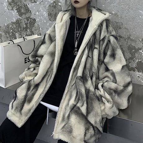 タイダイ柄 フード付き ボアジャケット ラムウール ジップアップ ボアパーカー オーバーサイズ 韓国ファッション レディース カジュアル ストリート系ファッション DTC-656996992721