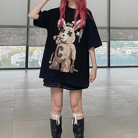 ユニセックス Tシャツ 半袖 BADRABBIT ウサギ ラビット オーバーサイズ 韓国ファッション メンズ レディース カジュアル 韓国ストリートファッション DTC-678126728553