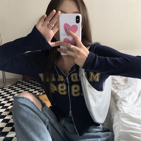 【2カラー】 トップス ジップアップ ショート丈 スリム 古着風 長袖 レトロ 韓国ファッション レディース 大人可愛い ガーリー カジュアル DTC-652255998537