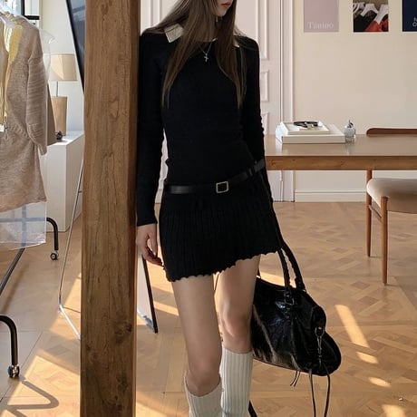 フェイクレイヤード ニットワンピース プリーツ ベルト付き スリムフィット Aライン ワンピース 長袖 レトロ 韓国ファッション レディース 大人可愛い ガーリー DTC-762944809460