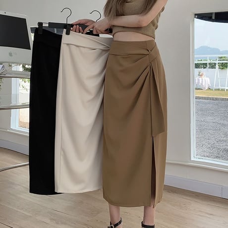 スリットスカート ウエストボウタイ ハイウエスト ロングスカート タイトスカート ロング丈 スリット レトロ 韓国ファッション レディース 大人可愛い ガーリー DTC-707076496391