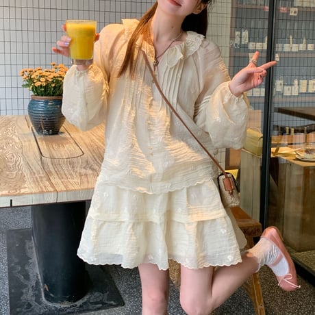 フェイクレイヤード ワンピース レース フリル ミニワンピース ゆったりウエスト Aライン 長袖 レトロ 韓国ファッション レディース 大人可愛い ガーリー DTC-769341141605