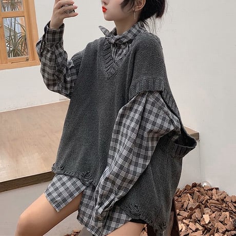 セットアップ チェック柄シャツ ダメージ加工 ニットベスト ルーズ ニット 秋 冬 韓国ファッション レディース ガーリー (DTC-601823900318_003)