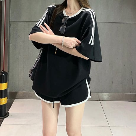 セットアップ サイドライン Tシャツ ショートパンツ 半袖 トップス ルーズ スポーツミックス レトロ 韓国ファッション レディース 大人可愛い ガーリー DTCA-953137451755