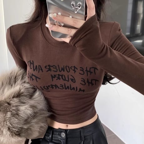 肩パッド付き ロンT スリムフィット ベルベット レタープリント トップス tシャツ ショート丈 長袖 レトロ 韓国ファッション レディース 大人可愛い ガーリー DTCA-845799906745