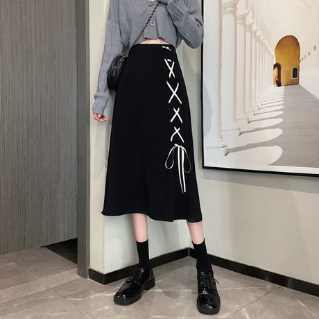 レースアップ フレアスカート ハイウエスト ロングスカート Aライン スカート レトロ 韓国ファッション レディース 大人可愛い ガーリー DTC-667437875861