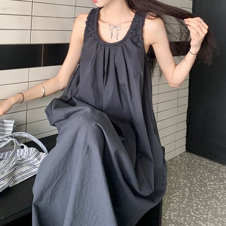 ノースリーブ ワンピース ギャザー ゆったりウエスト ロングワンピース Aライン 体型カバー ルーズ レトロ 大人可愛い ガーリー 韓国ファッション レディース DTC-809589554371