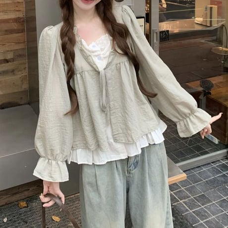 トップス ブラウス リボン フリル ペプラム Vネック ベルスリーブ 薄手 ゆったり 長袖 レトロ 大人可愛い ガーリー DTCA-962786389161