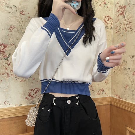 レイヤード風 ニットセーター トップス ドルマンニット プルオーバー Vネック ショート丈 ニット レトロ 韓国ファッション レディース 大人可愛い ガーリー DTC-654561361628