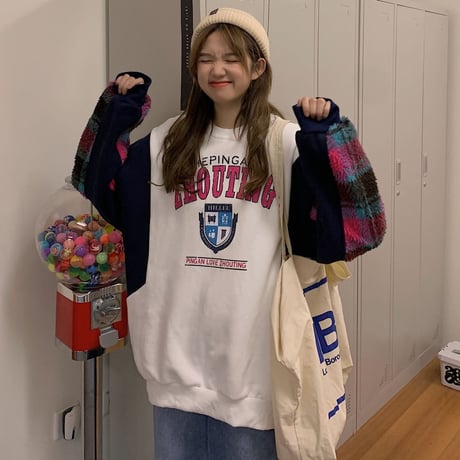 トレーナー 袖ファー チェック ボリューム オーバーサイズ 韓国ファッション レディース スウェット ラウンドネック 長袖 ゆったり 大人可愛い ガーリー DTC-628549468117