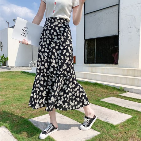 花柄 フィッシュテールスカート マーメイドスカート 裾フリル ハイウエスト ロング丈 韓国ファッション スカート レディース 大人可愛い ガーリー フェミニン DTC-638222921272