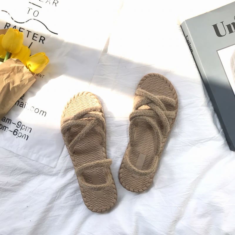 レディース コンフォートフラットサンダル 編み上げサンダル 籐草